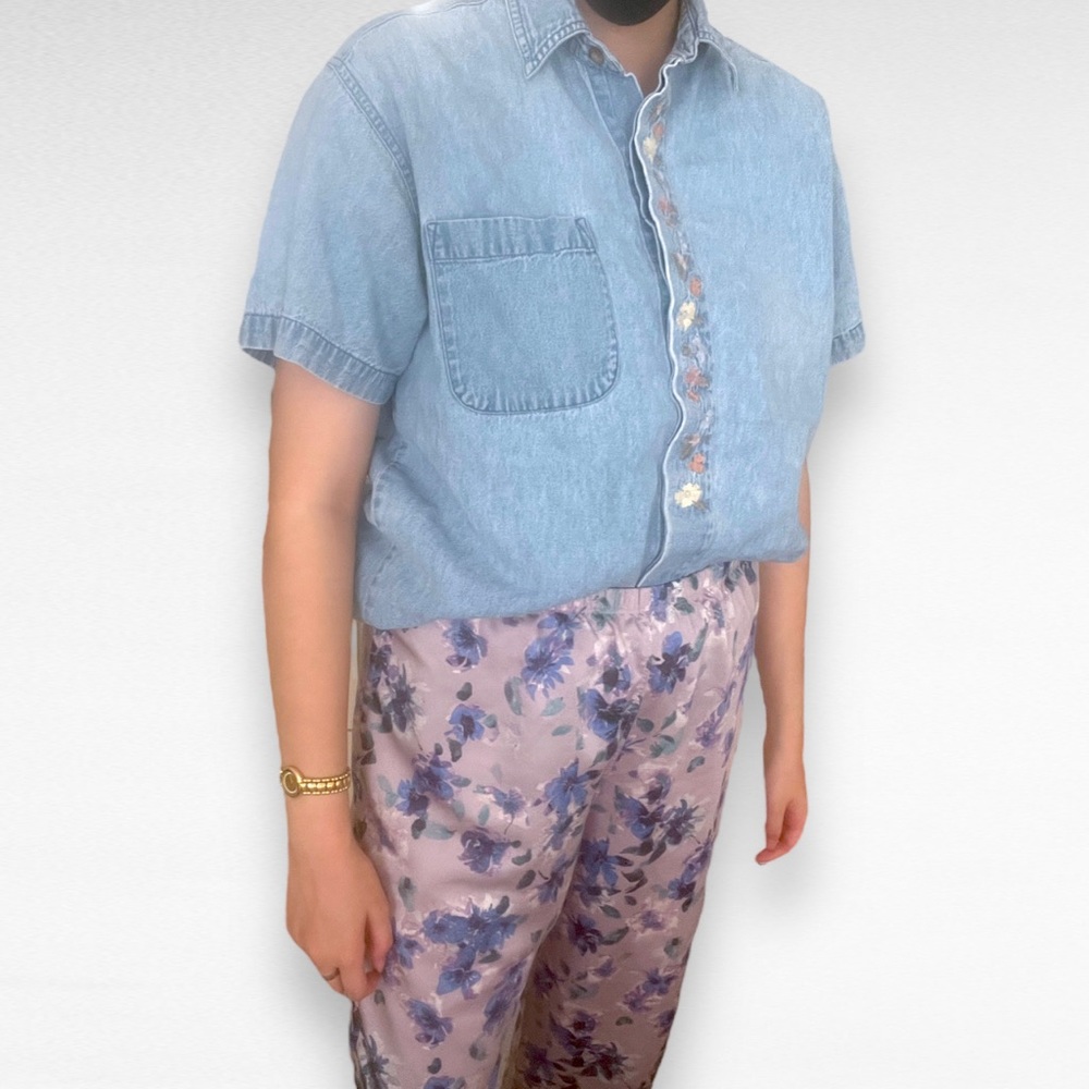Vintage Embroidered Floral Summer Denim Shirt